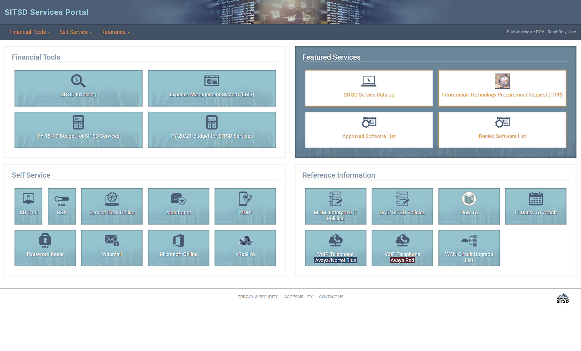 SITSD Services Portal Intranet